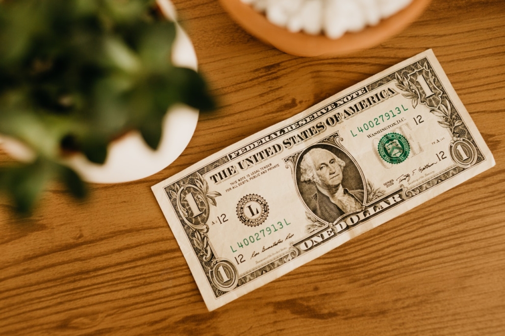Dollar Bill Resting on a Wooden Table, With a Plant