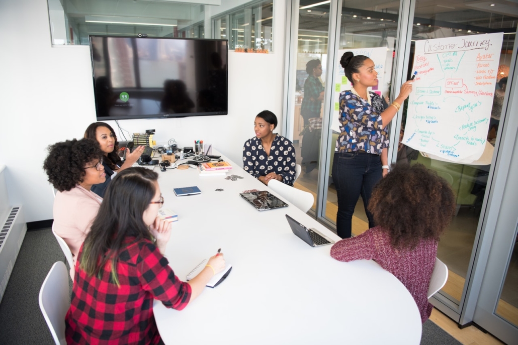 Six Women Having a Meeting in an Enclosed Space