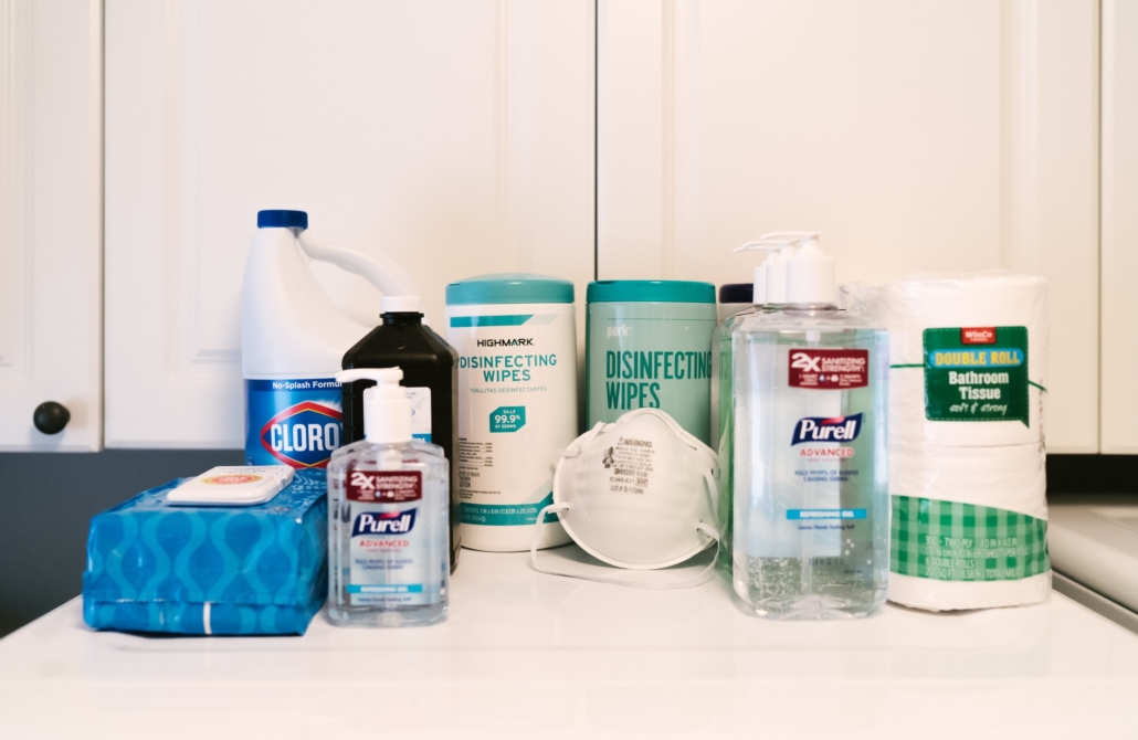 disinfectants, bleach, wipes and other cleaning supplies