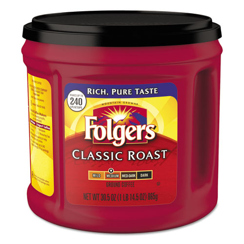 A container of Folgers Classic Roast Coffee