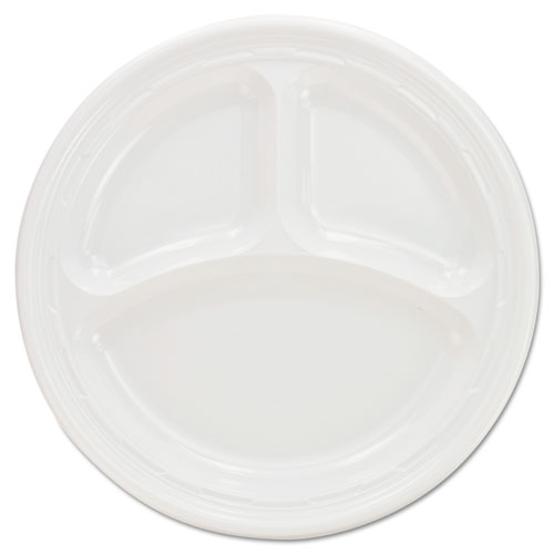 A plastic plate sectioned off into three parts