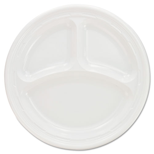 A plastic plate sectioned off into three parts