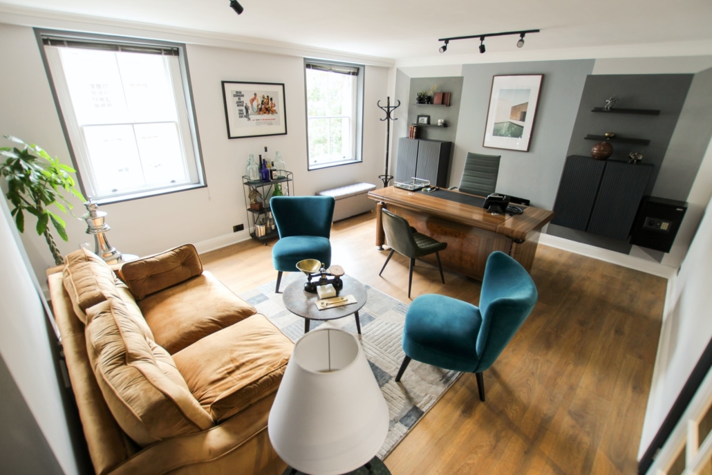 Home office, with couch, chairs and other comfortable furniture items