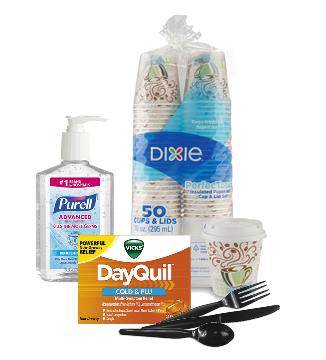 Purell, Dixie Coffee Cups, Dayquil and Disposable Utensils