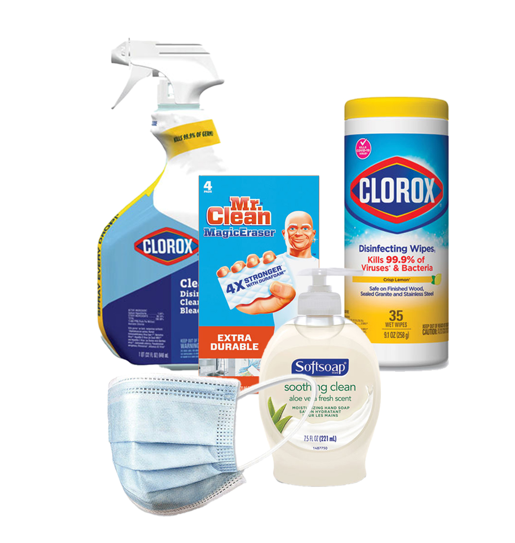 Clorox Bleach and Wipes, Softsoap Hand Soap, Mr. Clean Magic Eraser, Blue Face Mask