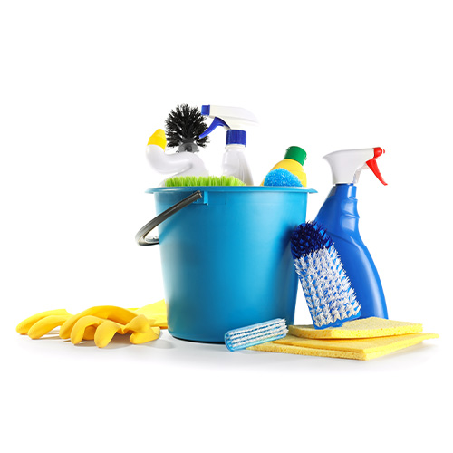 Cleaning supplies in a bucket.
