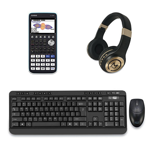 Graphing calculator, headphone, keyboard and mouse.