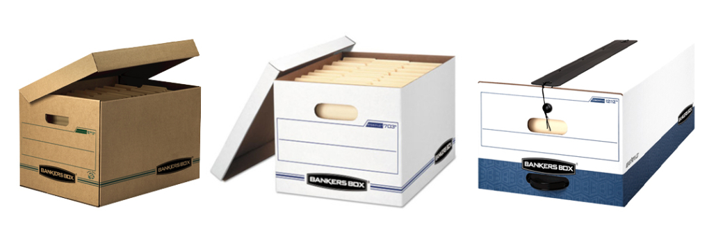 Bankers Boxes come in three varieties: folding attached lid, locking lift-off lid; and string button closure